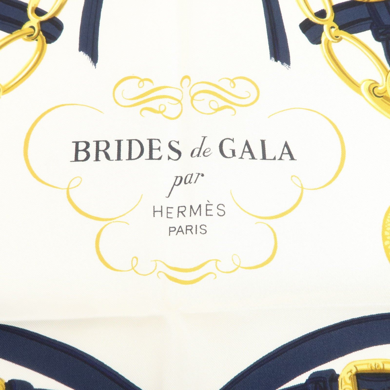 HERMES Carre 90 Silk 100% Scarf BRIDES DE GALA Navy White
