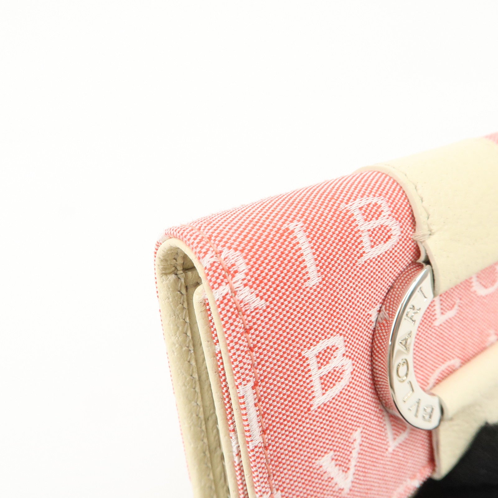 BVLGARI Logo Maniac Canvas Leather 6 Key Case Coin Case Pink White Used