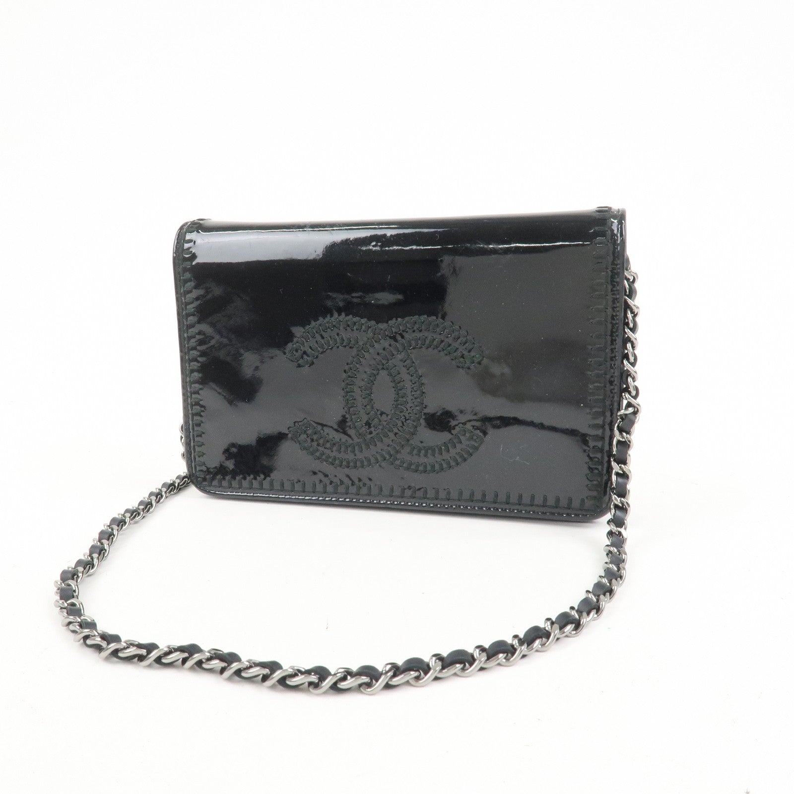CHANEL COCO Mark Patent Leather Chain Wallet Shoulder Bag Black