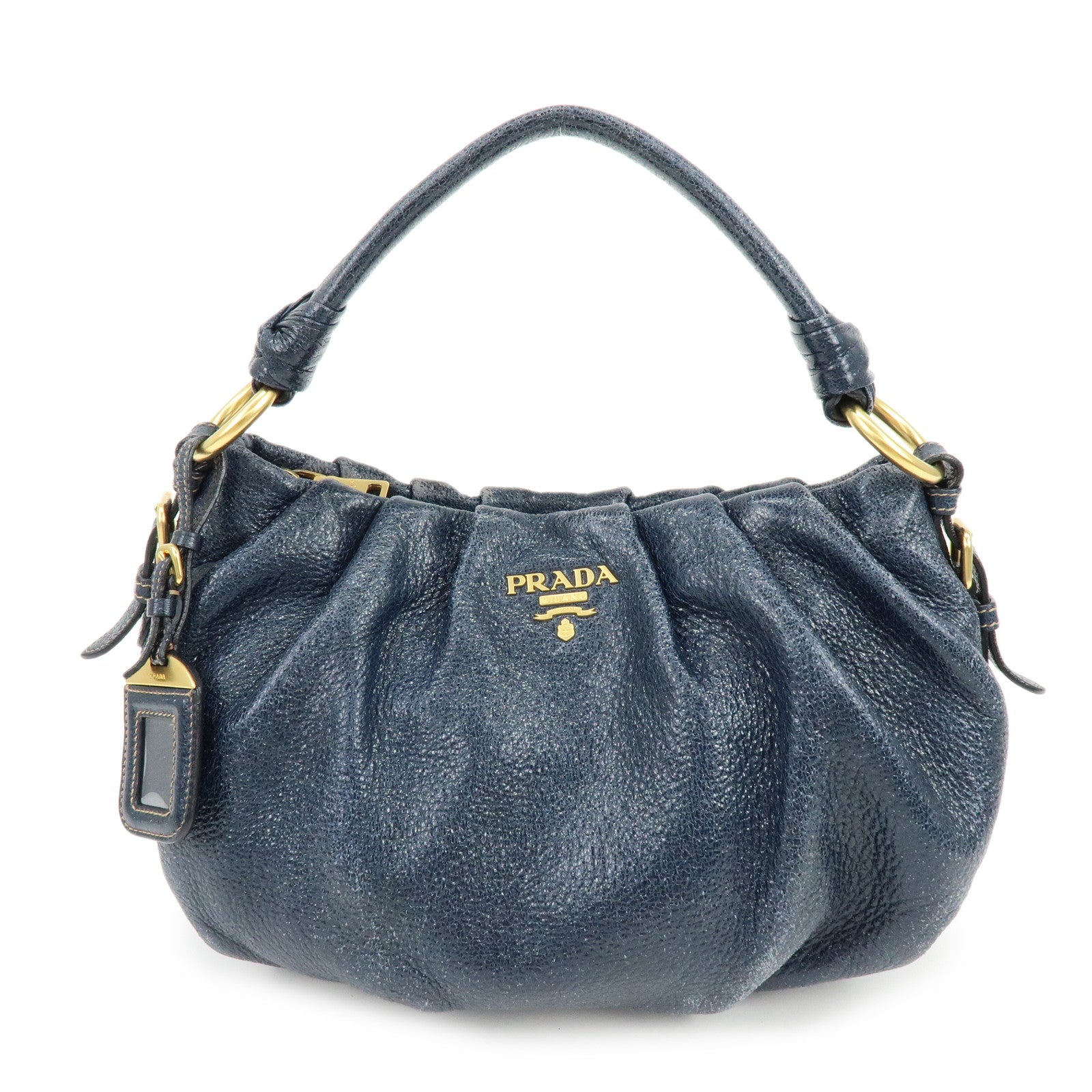 PRADA Logo Shiny Coated Leather Shoulder Bag Hand Bag Navy BR4070