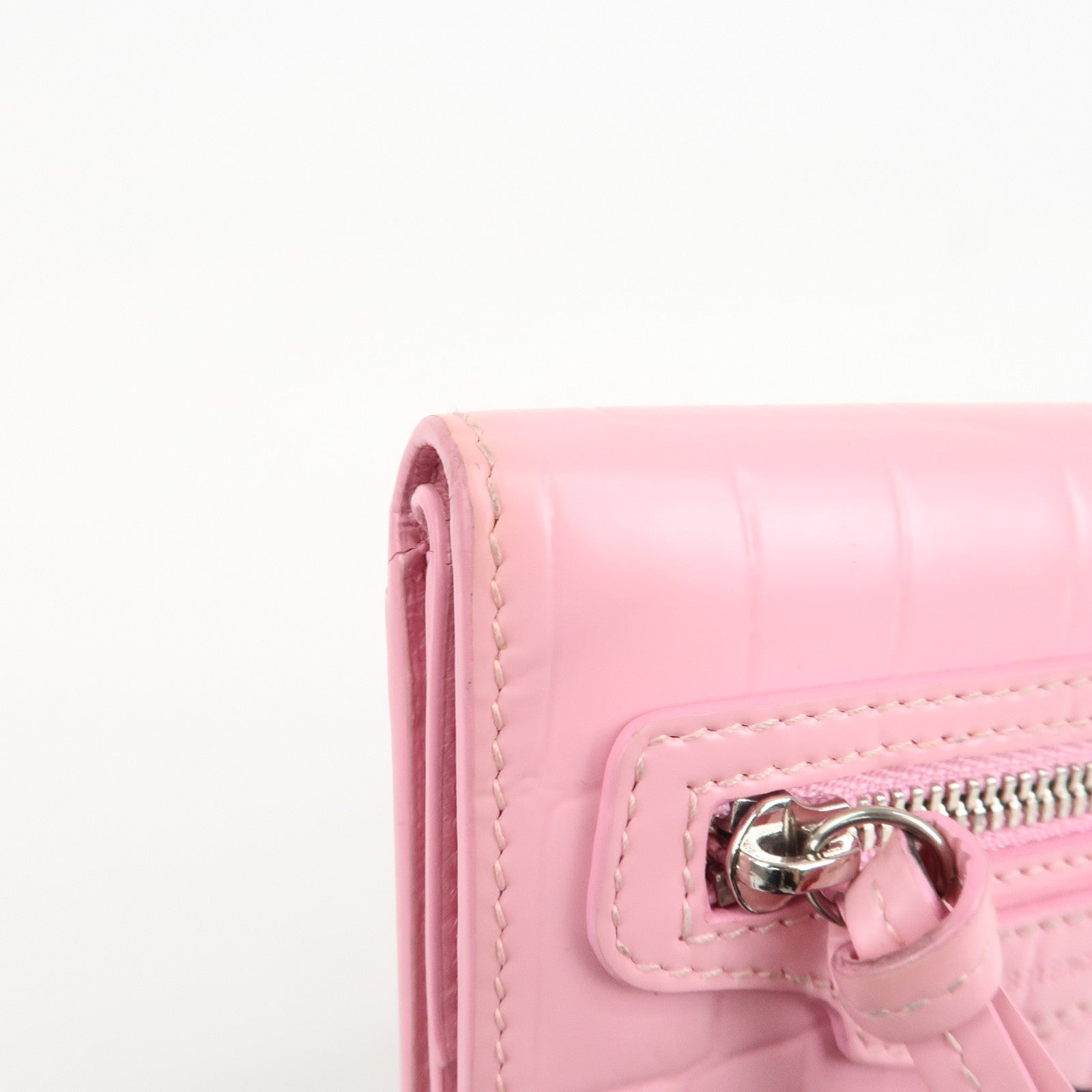 BALENCIAGA Leather Neo Classic Mini Wallet Pink Silver HDW 640111 Used