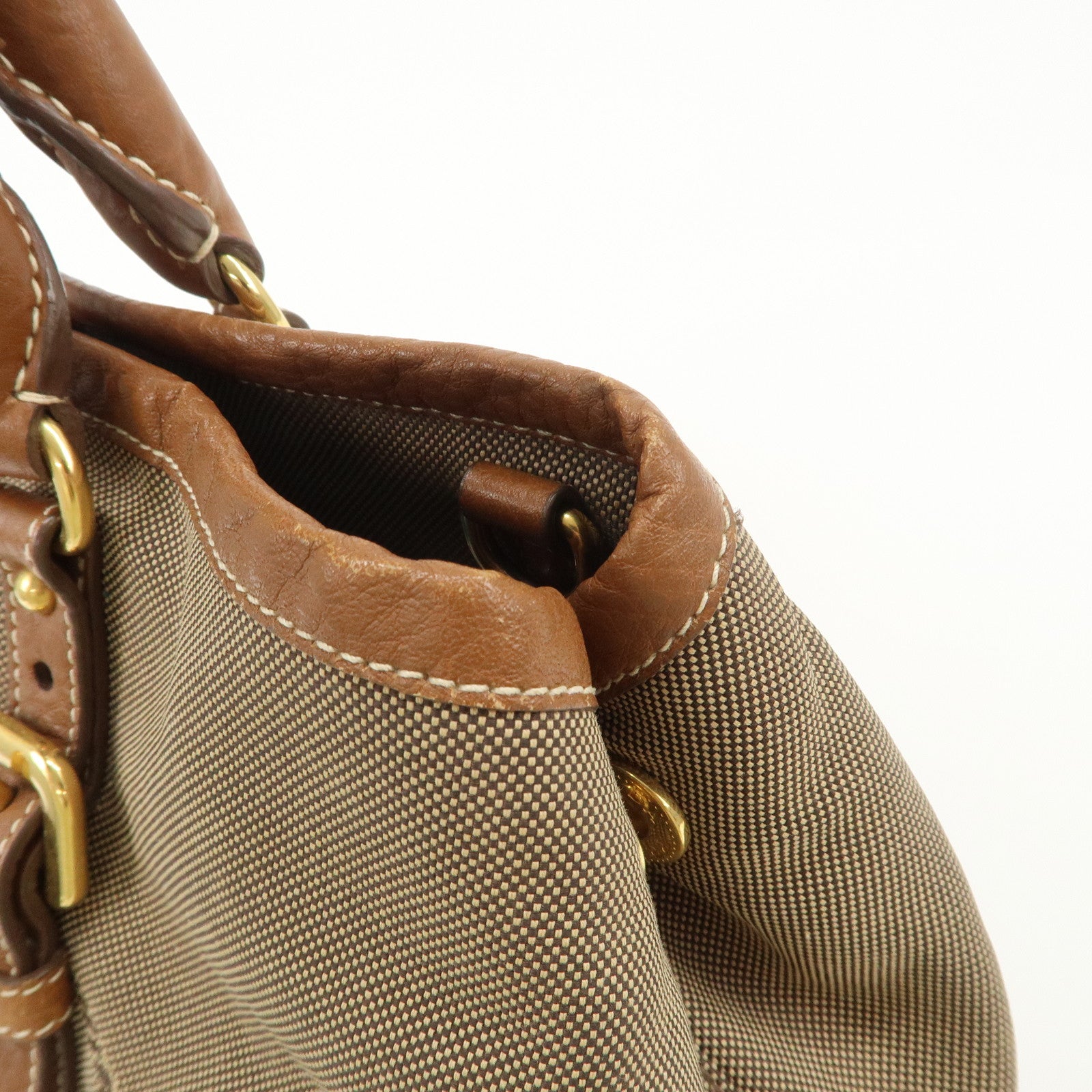 PRADA Leather Logo Jacquard Tote Bag Ribbon Beige Brown BN1841 Used