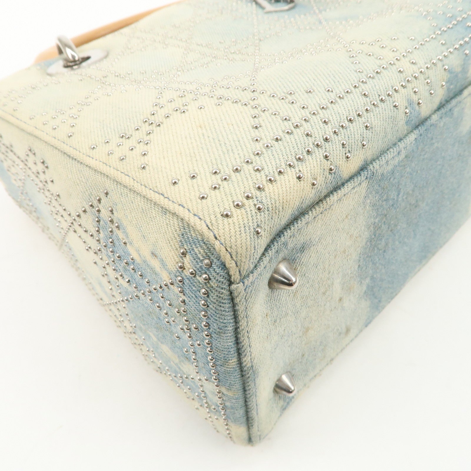 Christian Dior Cannage Leather Denim 2 Way Tote Bag Studs Beige Blue