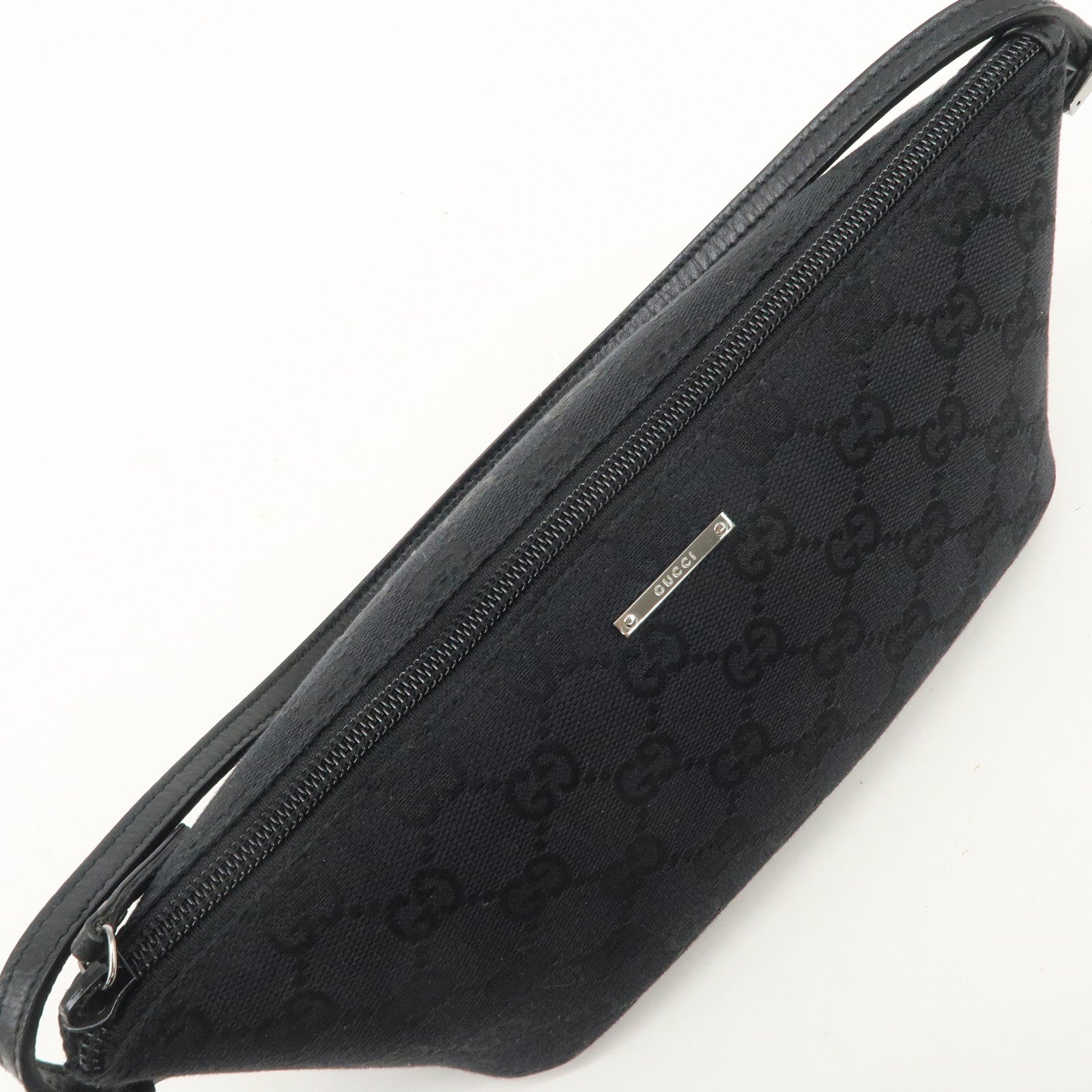 GUCCI Boat Bag GG Canvas Leather Hand Bag Black 07198 Used