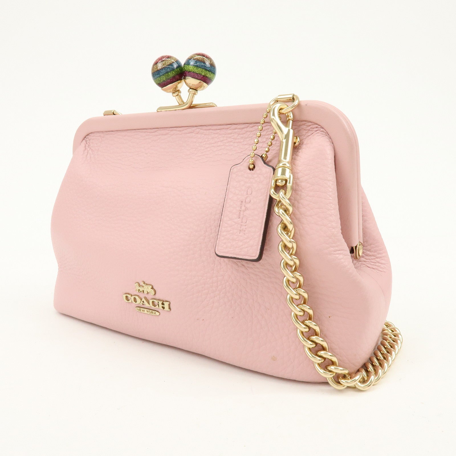 COACH Leather Kiss Lock Chain Shoulder Bag Crossbody Bag Pink