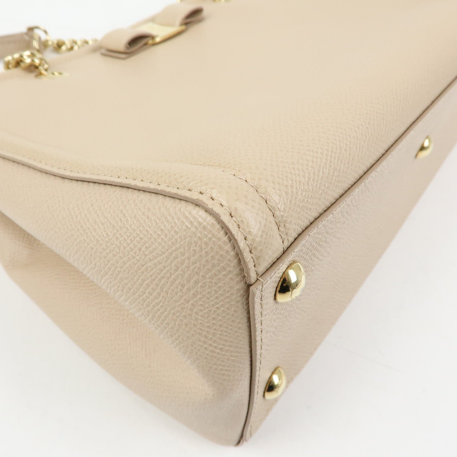 Ferragamo Vara Ribbon Leather Tote Bag Hand Bag Pink Beige