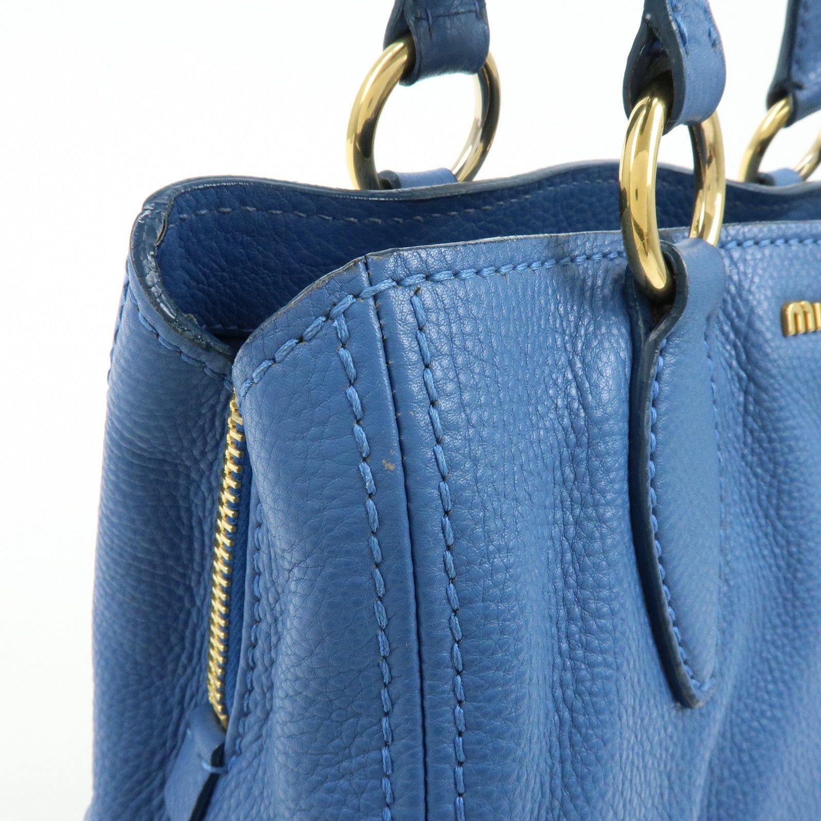 MIU MIU Logo Leather 2Way Bag Hand Bag Shoulder Bag Blue RR1945