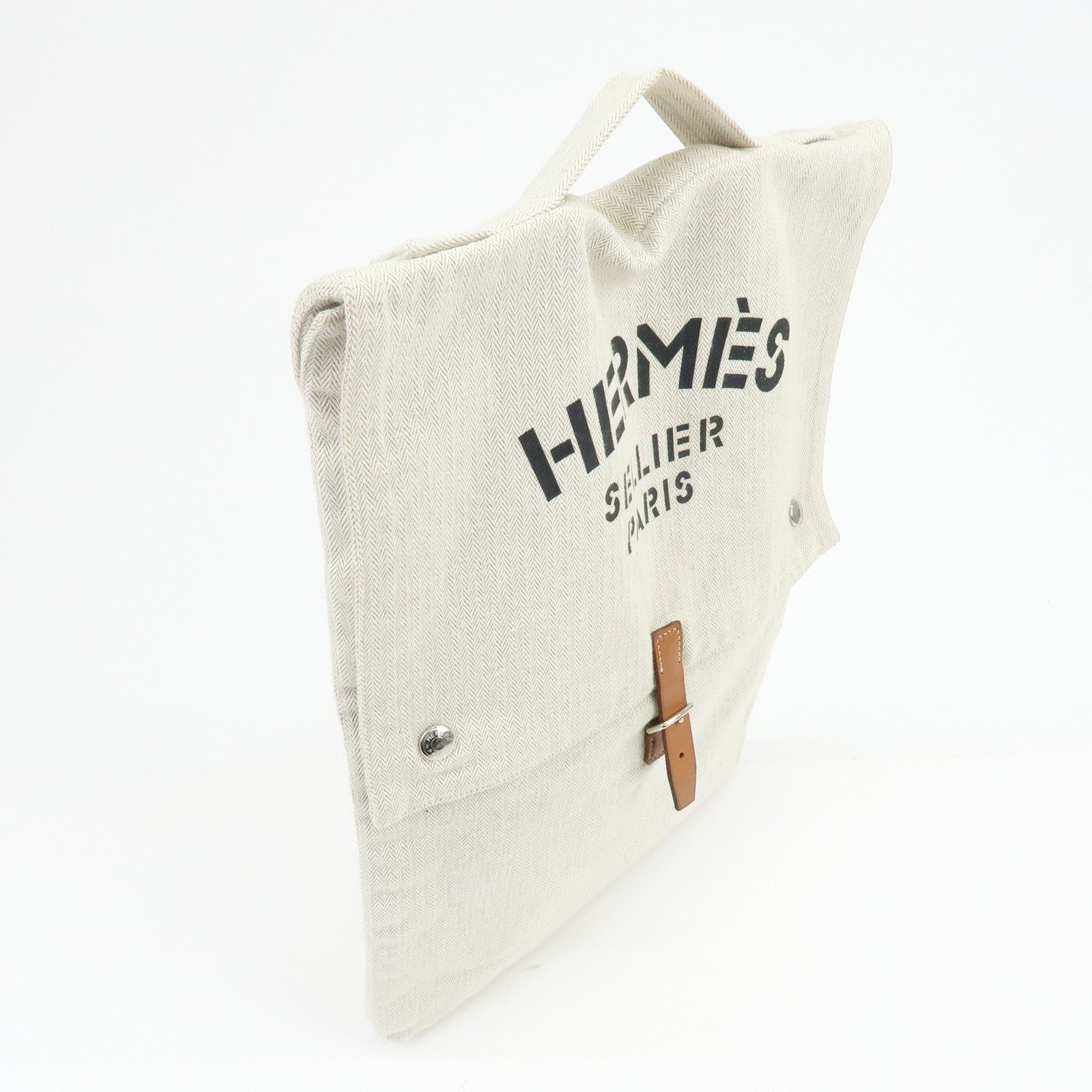 HERMES Baggy Baggage Aline Toile Chevron Leather Tote Bag Natural