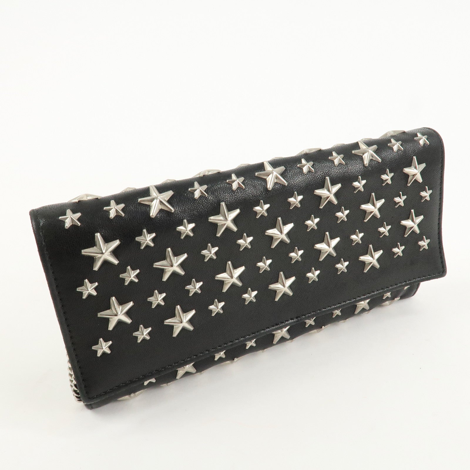 JIMMY CHOO Leather Studs Chain Wallet Shoulder Bag Black Used