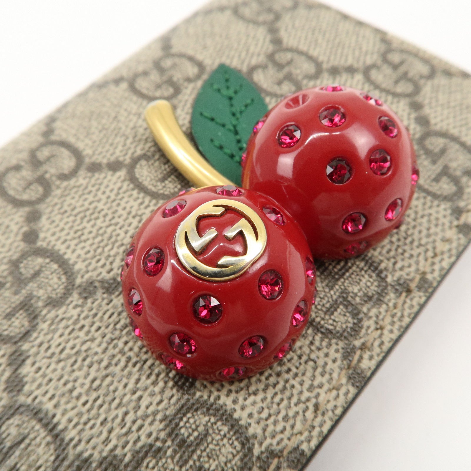 GUCCI Interlocking G GG Supreme Cherry Compact Wallet Beige Red 476050 Used