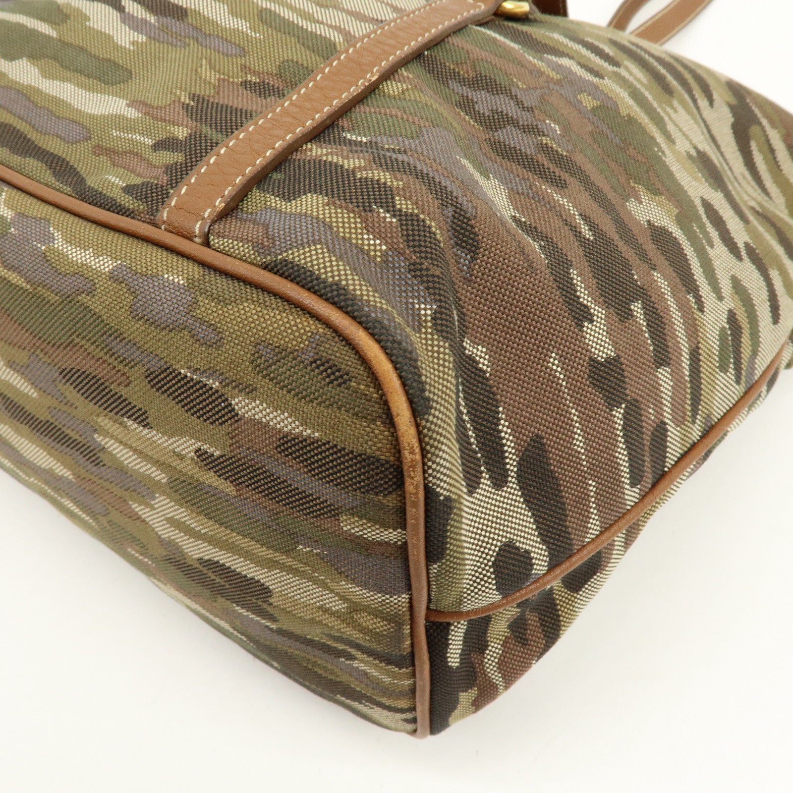 PRADA Canvas Leather Tote Bag Shoulder Bag Camouflage Brown Khaki