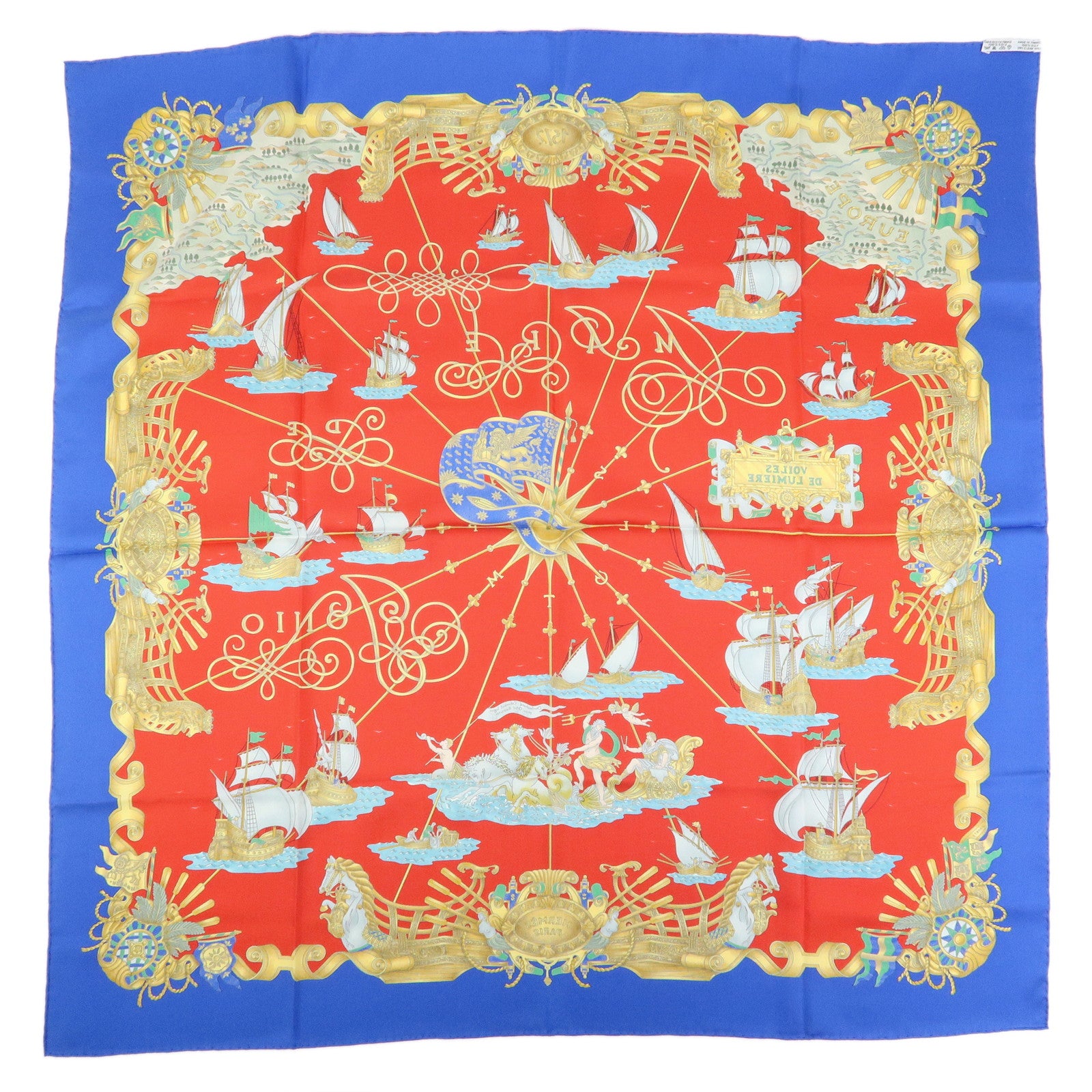 HERMES Carre 90 Silk 100% VOILES DE LUMIERE Scarf Red Blue