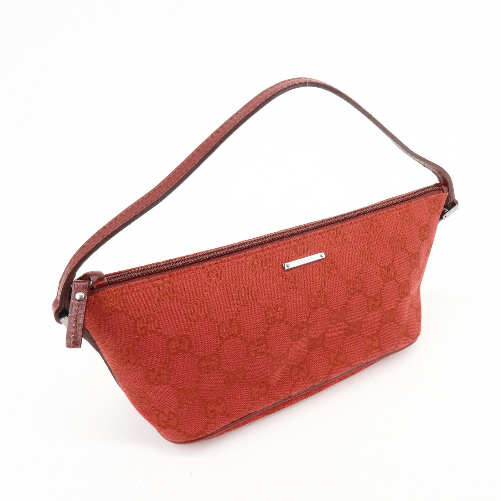 GUCCI Boat Bag GG Canvas Leather Accessory Pouch Hand Bag Red 07198