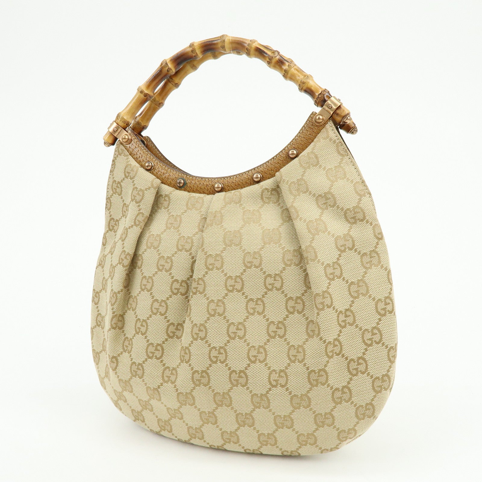GUCCI GG Canvas Bamboo Leather Hand Bag Tote Bag Beige 124297