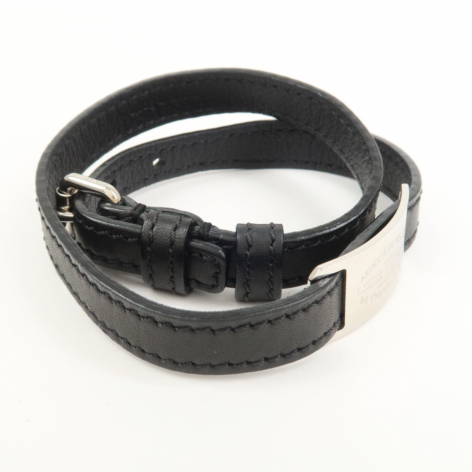 Louis Vuitton Leather Metal Double Tour Bracelet Black Silver