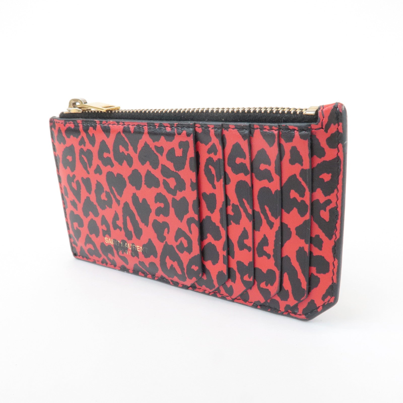 Saint Lauren Leather Animal Leopard Coin Case Card Case Black Red Used