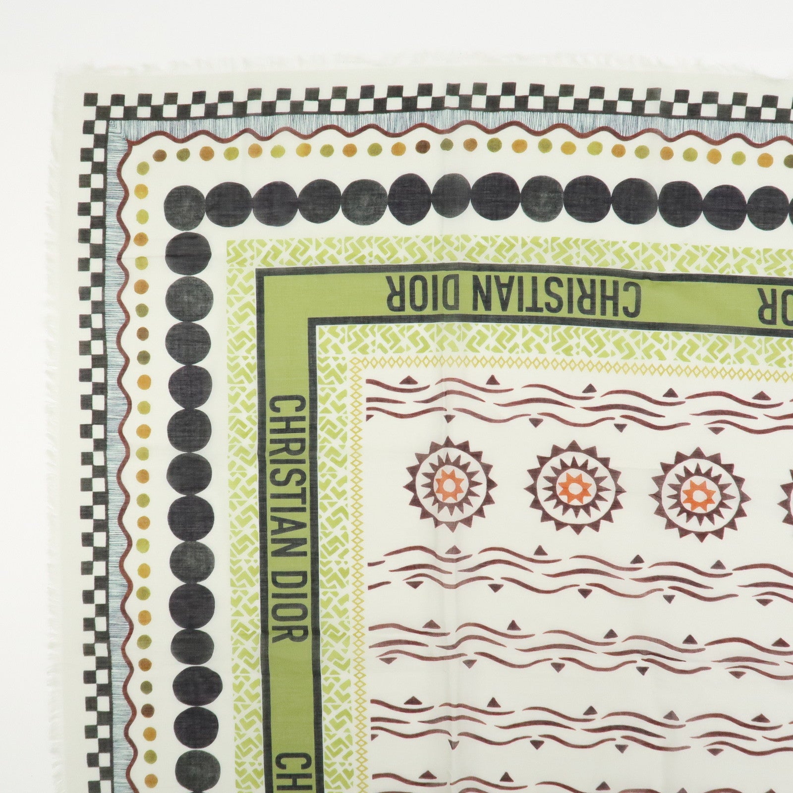 Christian Dior Logo Cotton 100% Scarf Geometric Motif Ivory Green