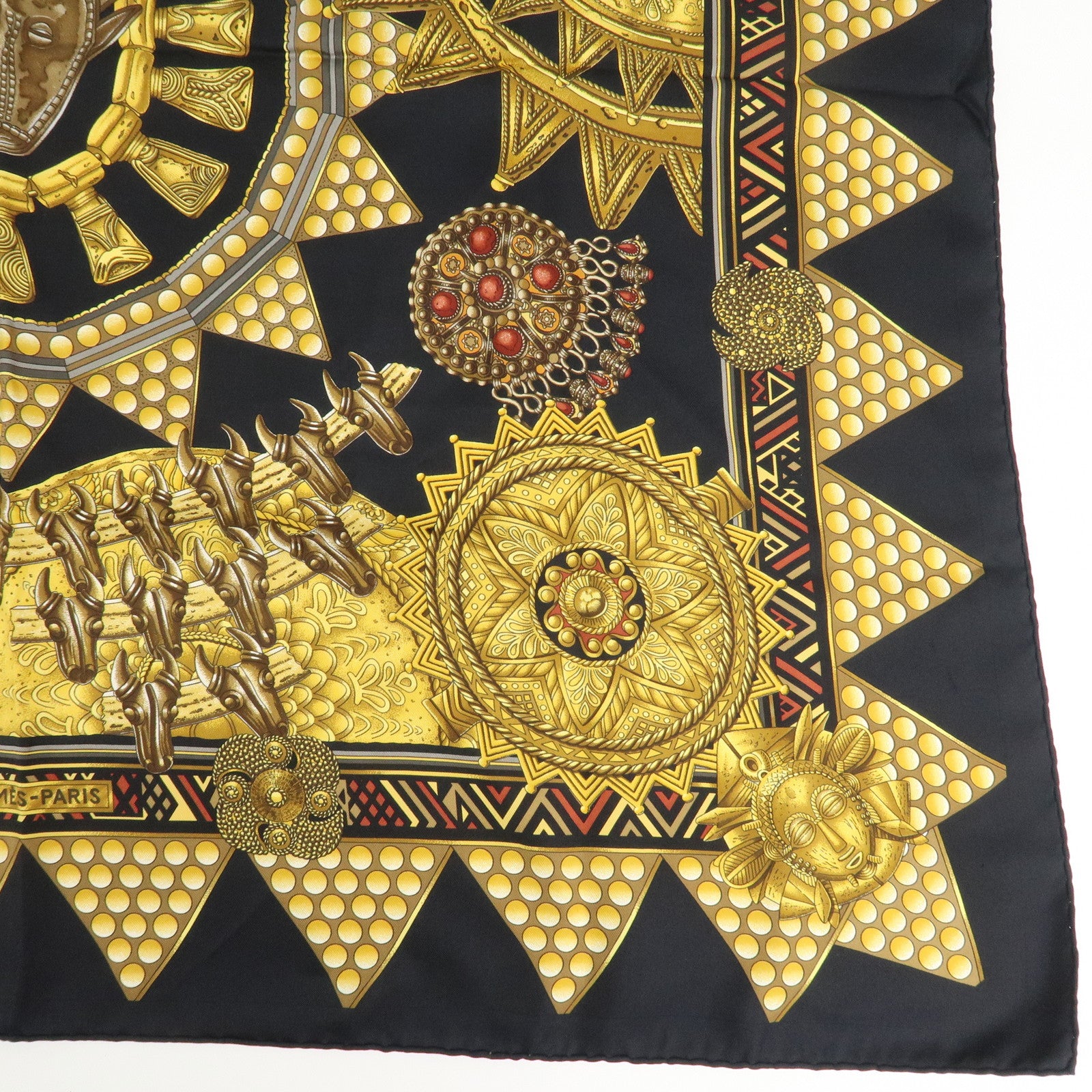 HERMES Carre 90 Silk 100% Scarf L'OR DES CHEFS Black Yellow Used