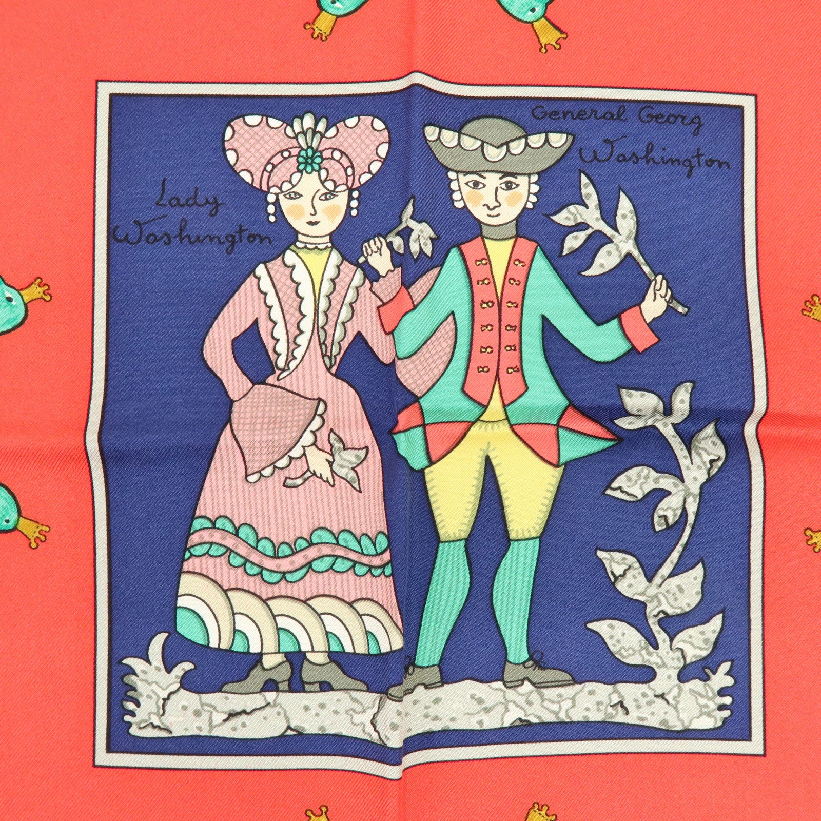 HERMES Carre 90 Silk 100% Scarf EARLY AMERICA Navy Red Brown