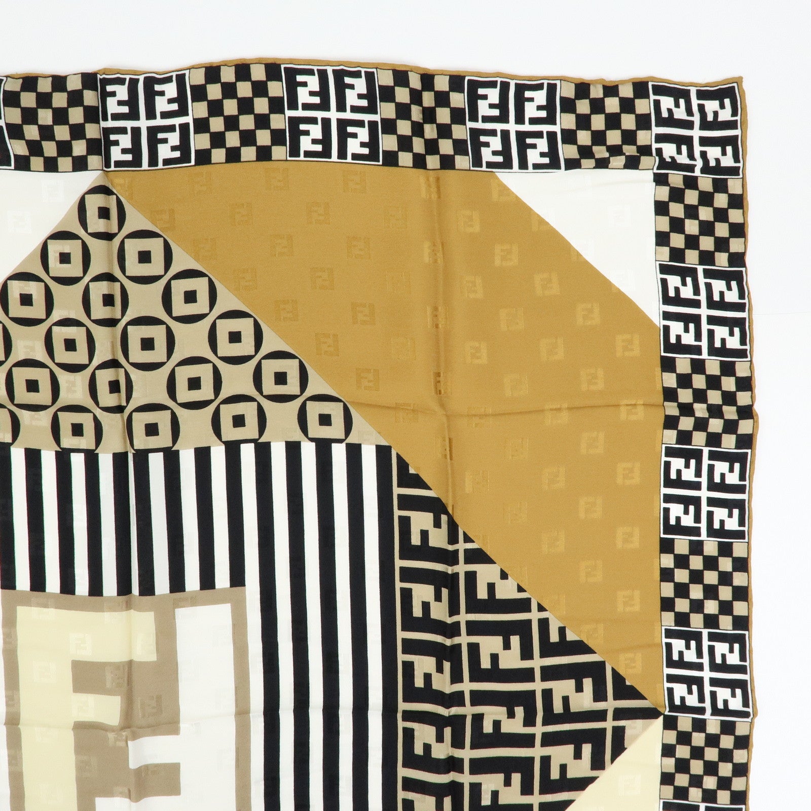 FENDI Zucca Silk 100% Scarf Black Beige Brown