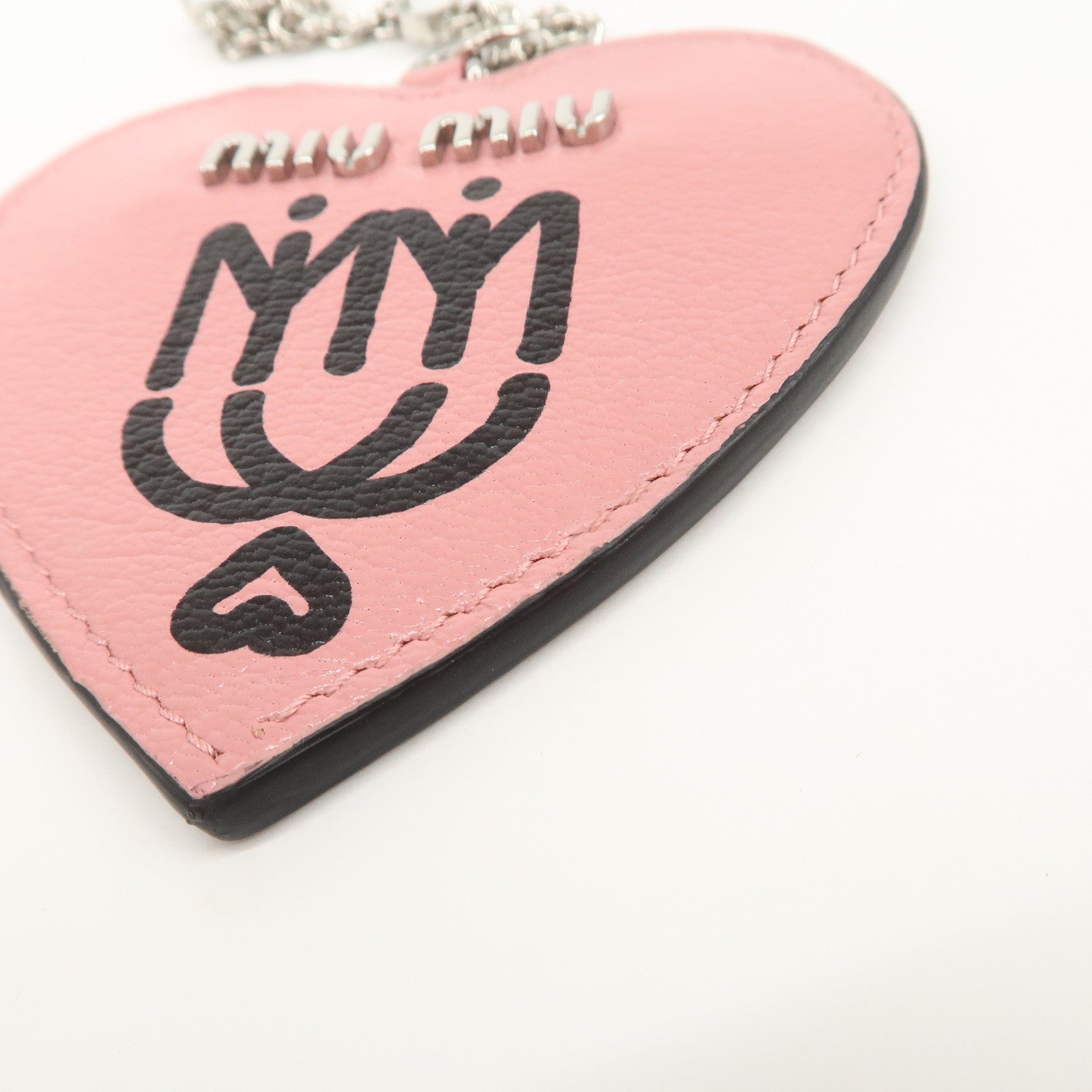 MIU MIU Leather Heart Motif Mirror Bag Charm Key Chain Pink 5TL376