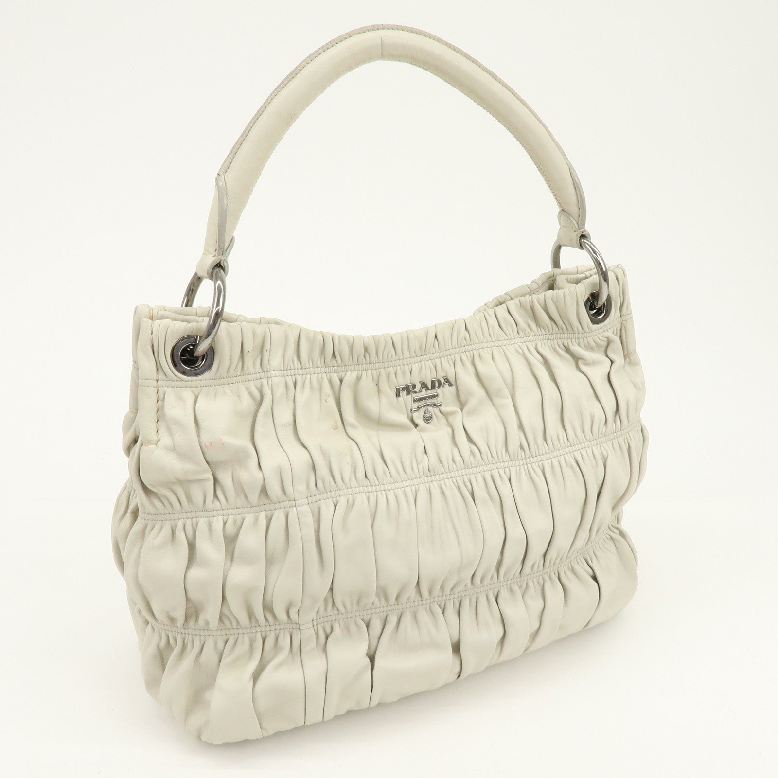 PRADA Gathered Leather Shoulder Bag Hand Bag Light Beige