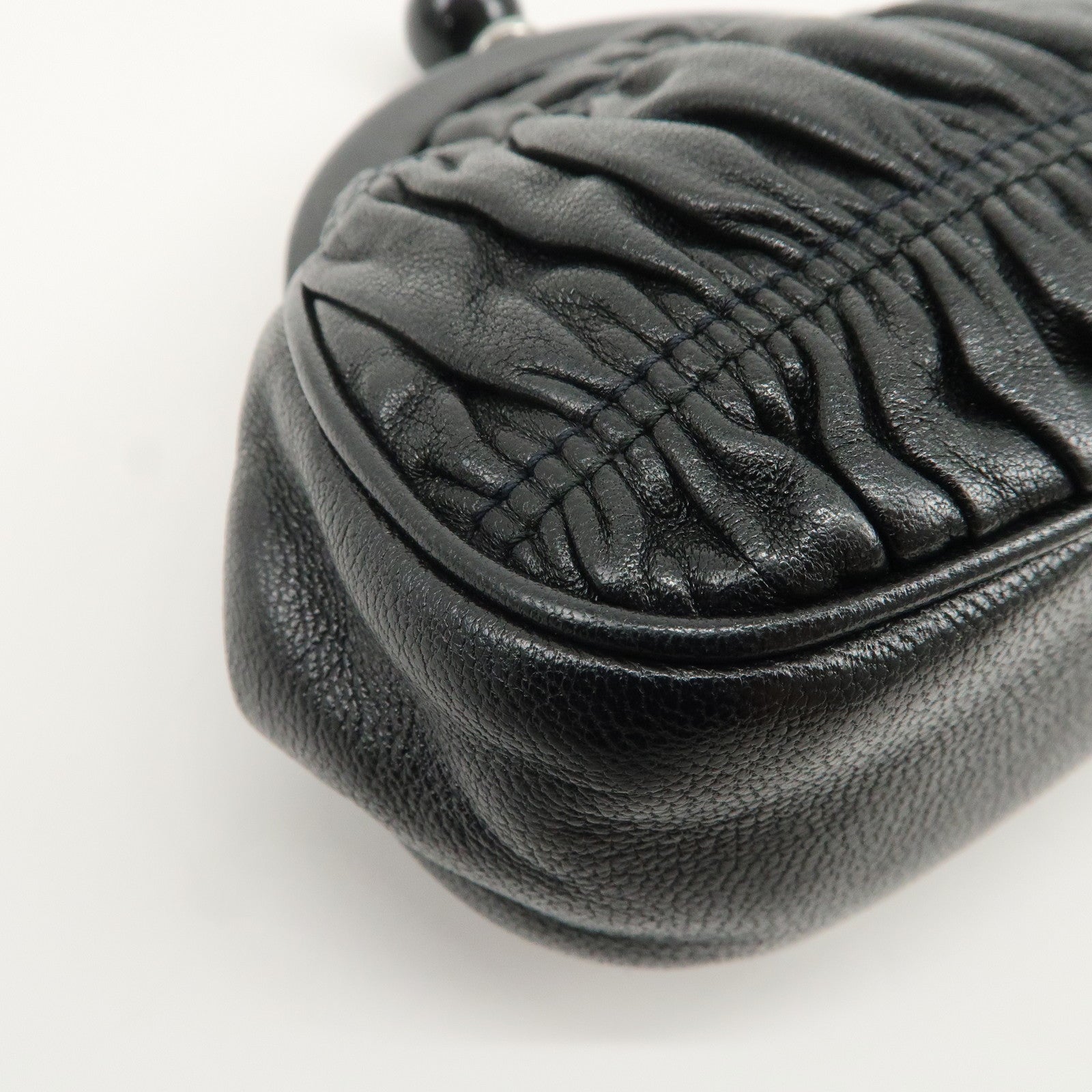PRADA Logo Gathered Leather Pouch Compact Wallet Coin Case Black