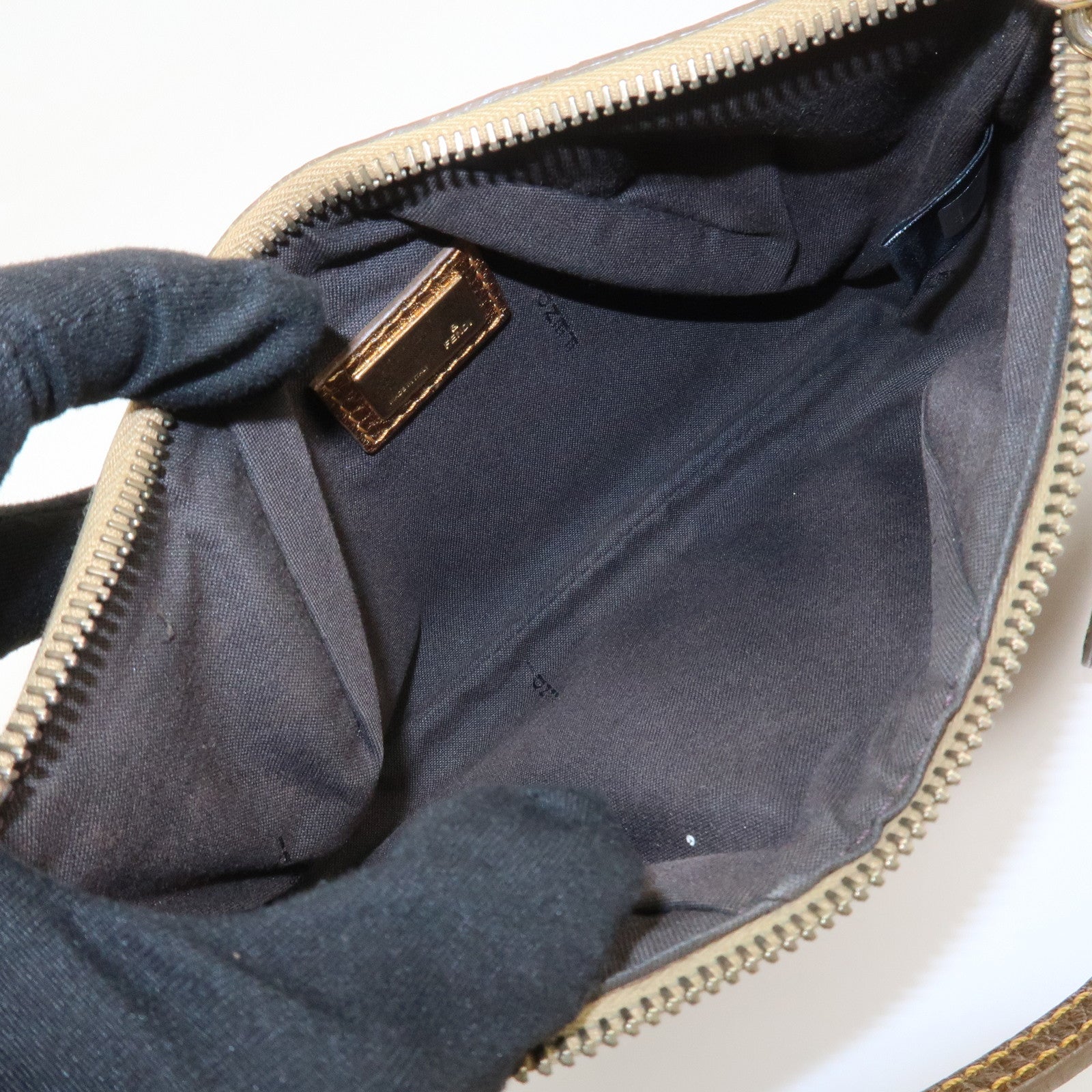 FENDI Leather Accessory Pouch Hand Bag Shoulder Bag Gold 8BR566