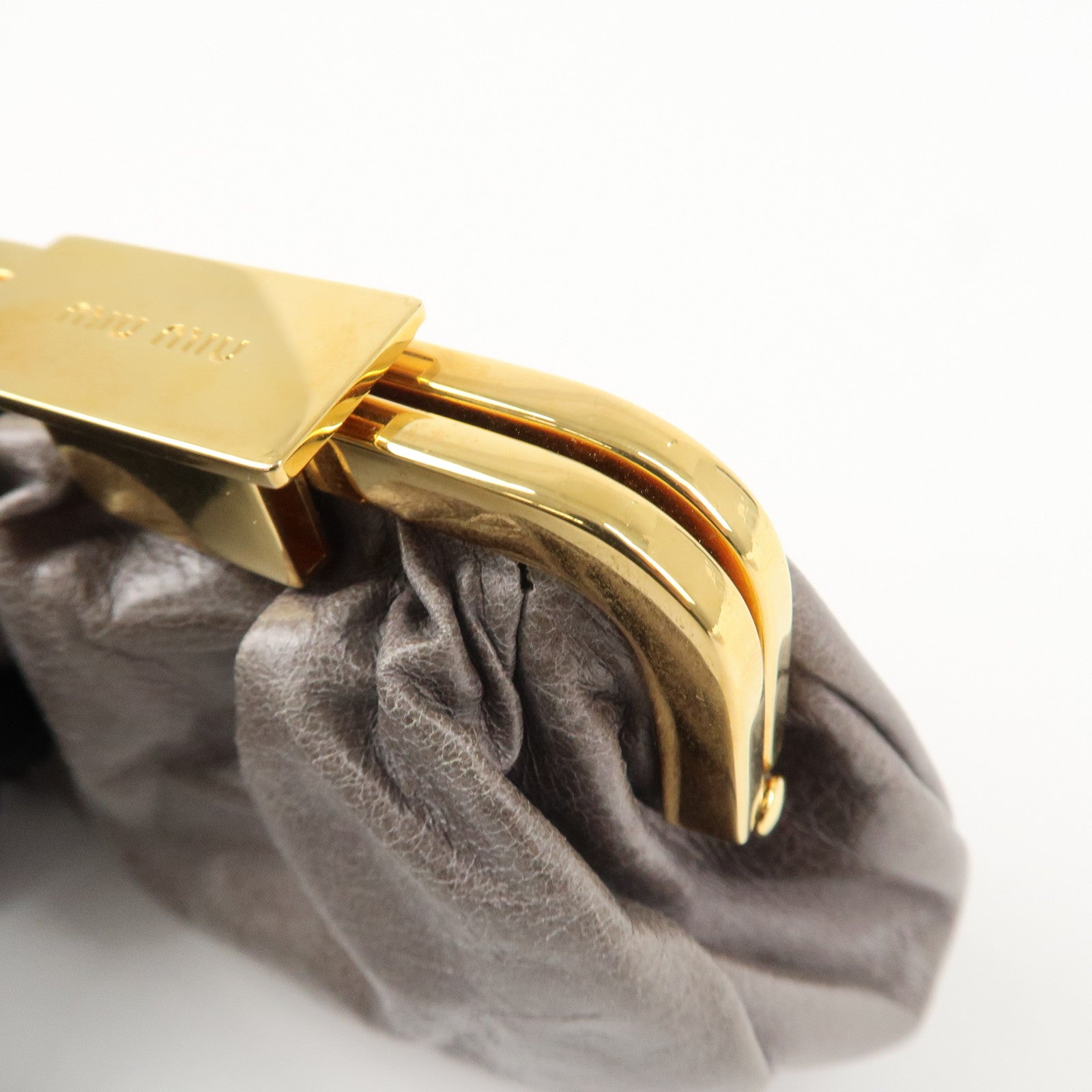 MIU MIU Logo Leather Kiss Lock Coin Case Gray Gold HDW Used