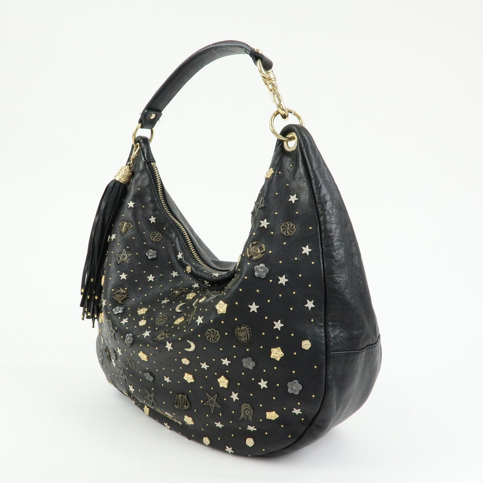 JIMMY CHOO Zodiac Leather Studs Shoulder Bag Hand Bag Black