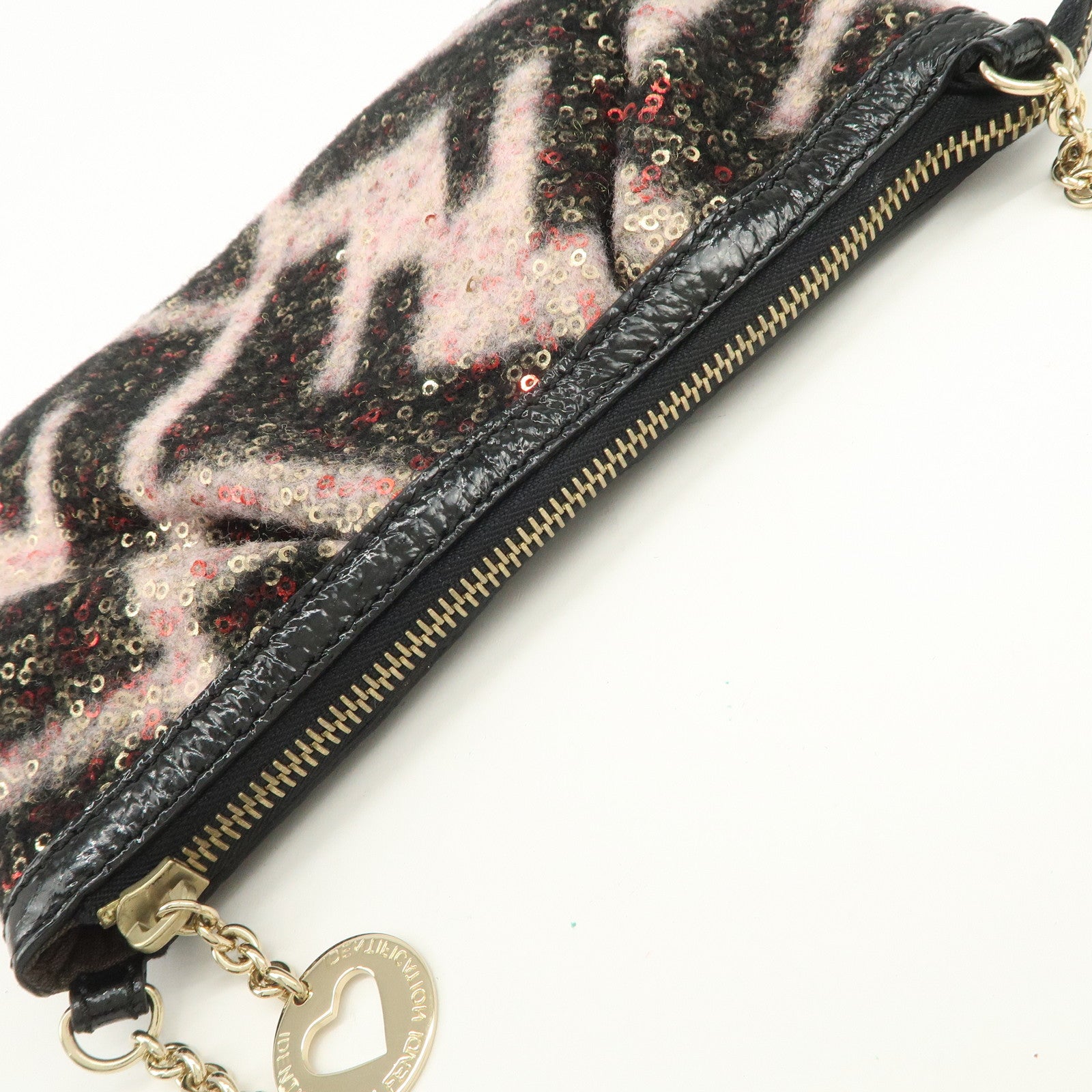 FENDI Wool Flip Sequin Leather Chain Bag Pouch Black Pink 8BR594