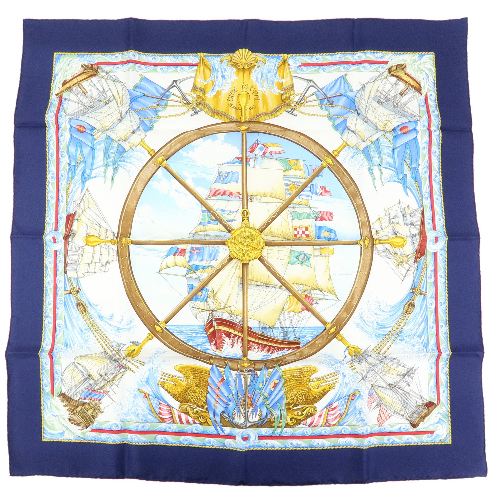 HERMES Carre 90 Silk 100% Scarf VIVE LE VENT Navy Blue Yellow White