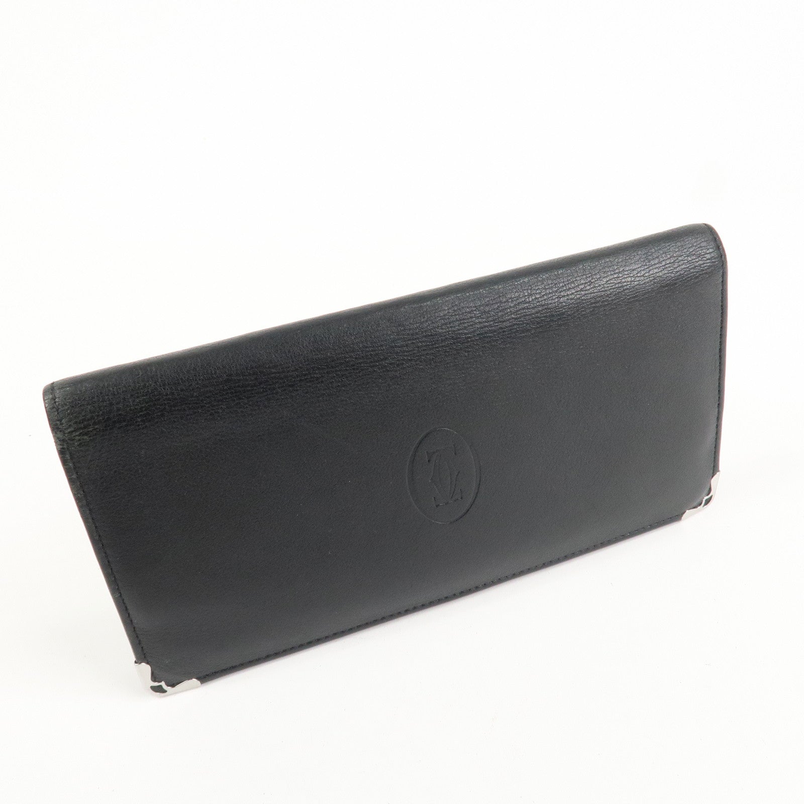 Cartier Leather Bi-fold Long Wallet Silver HDW Black Bordeaux Used