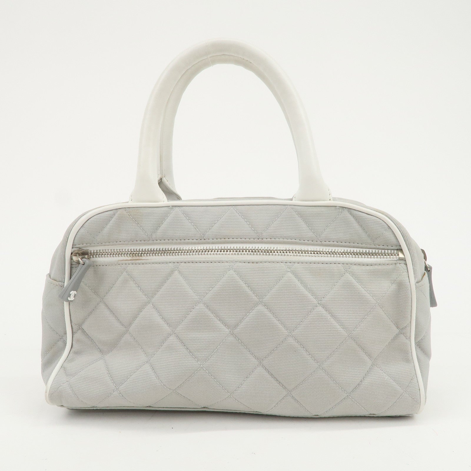 CHANEL Sport Line Canvas Leather Boston Bag Hand Bag Gray White