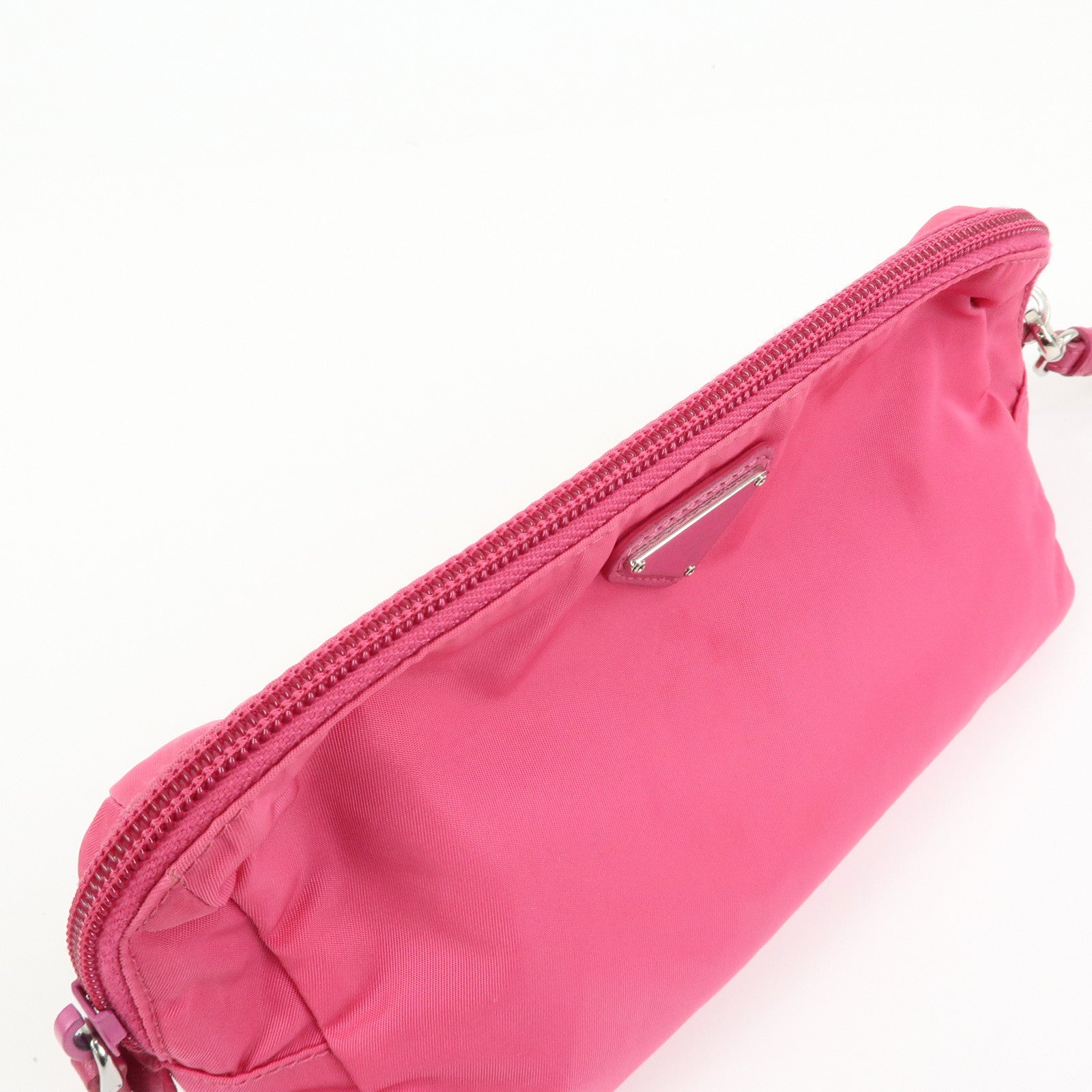 PRADA Triangle Logo Nylon Leather Cosmetic Wristlet Pouch Pink
