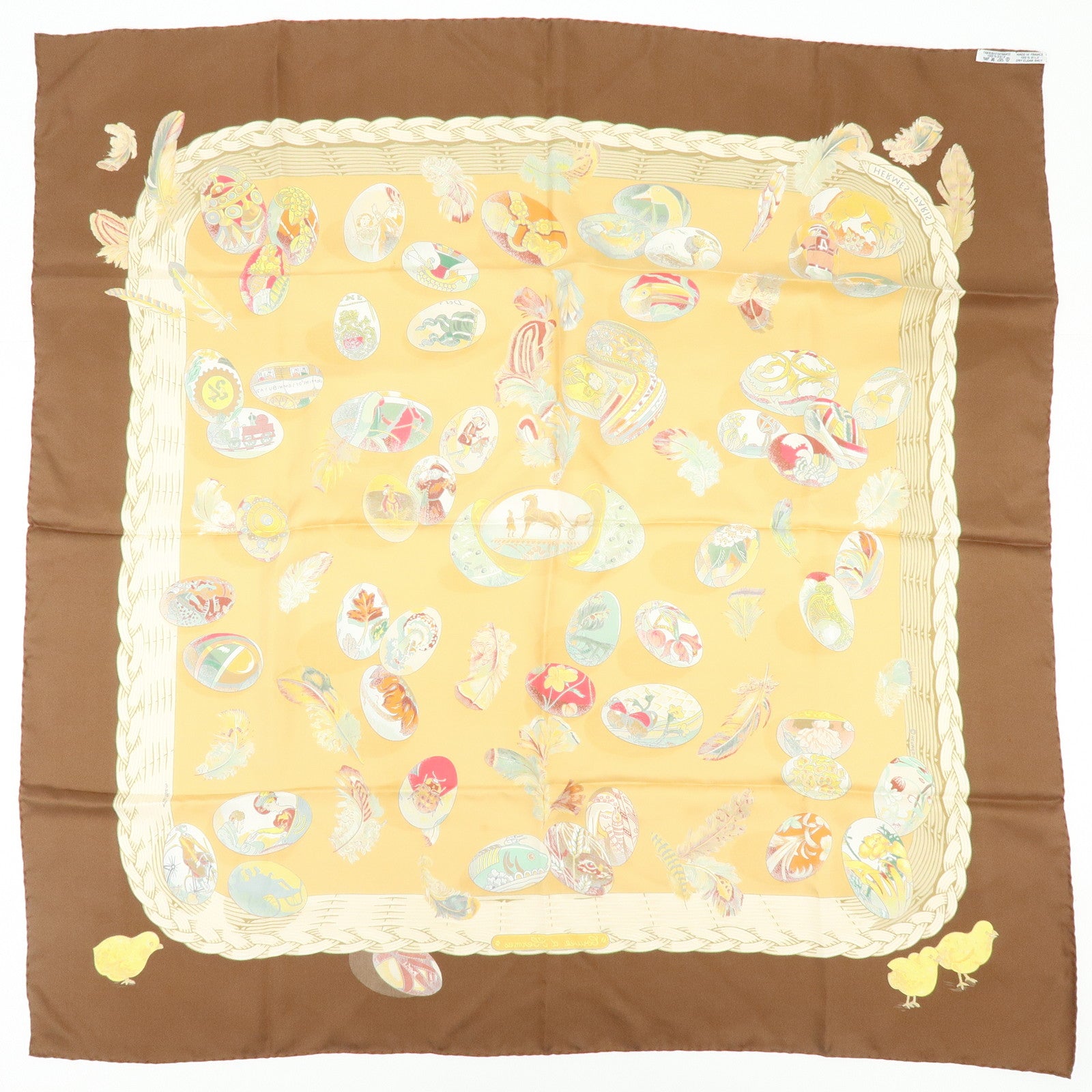 HERMES Carre 90 Silk 100% Scarf COUVEE D HERMES Brown Yellow