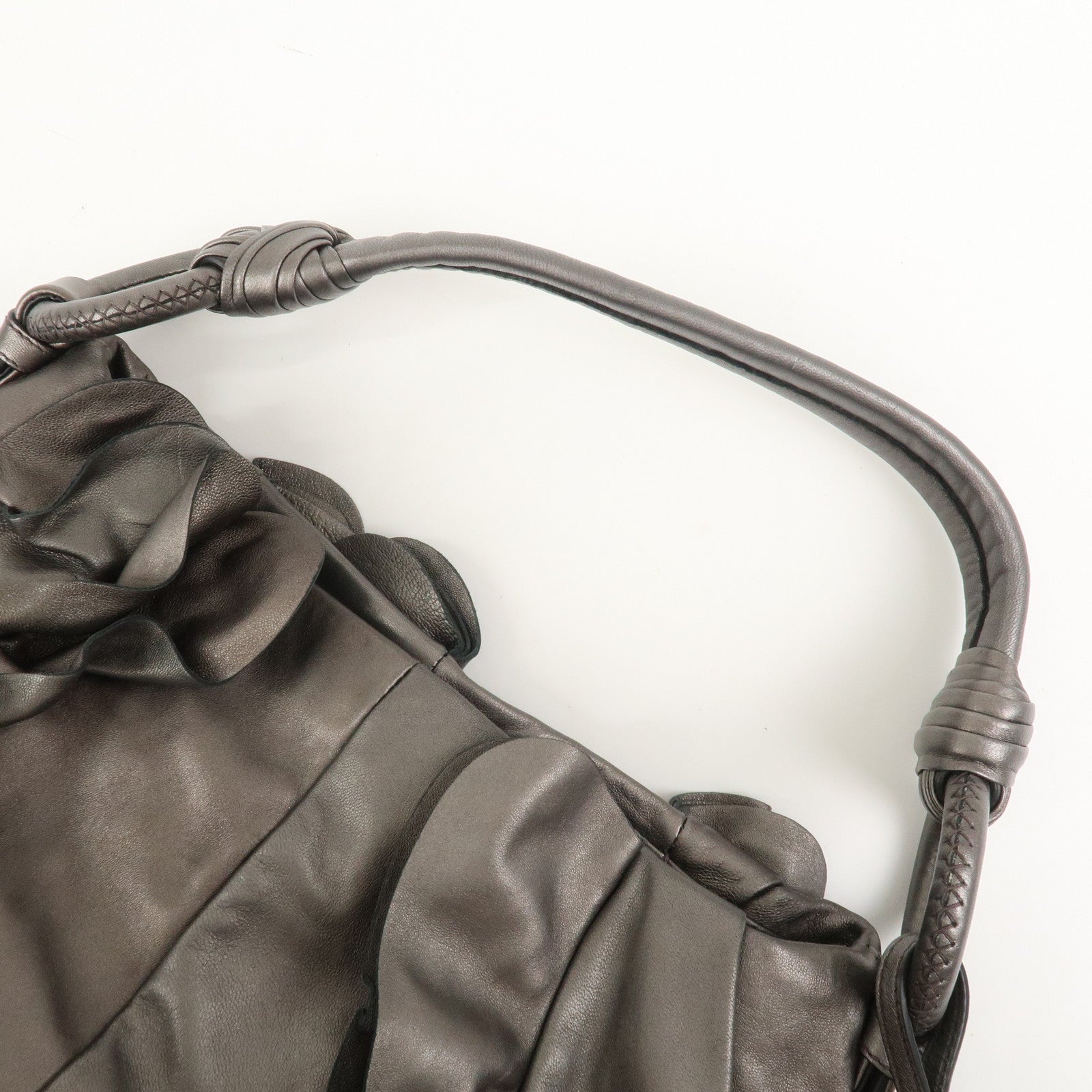PRADA Logo Frilled Leather Shoulder Bag Hand Bag Bronze BR3993