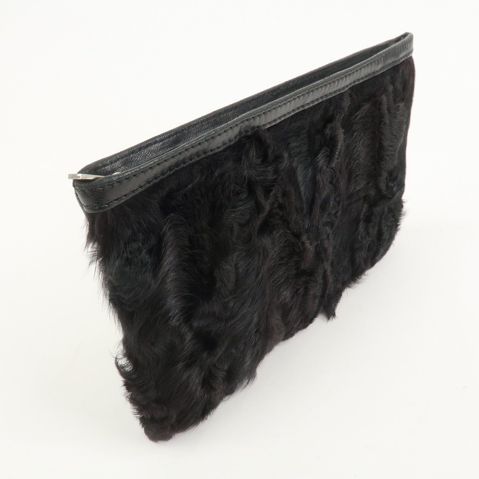 LOEWE Logo Fur Leather Cosmetic Pouch Black