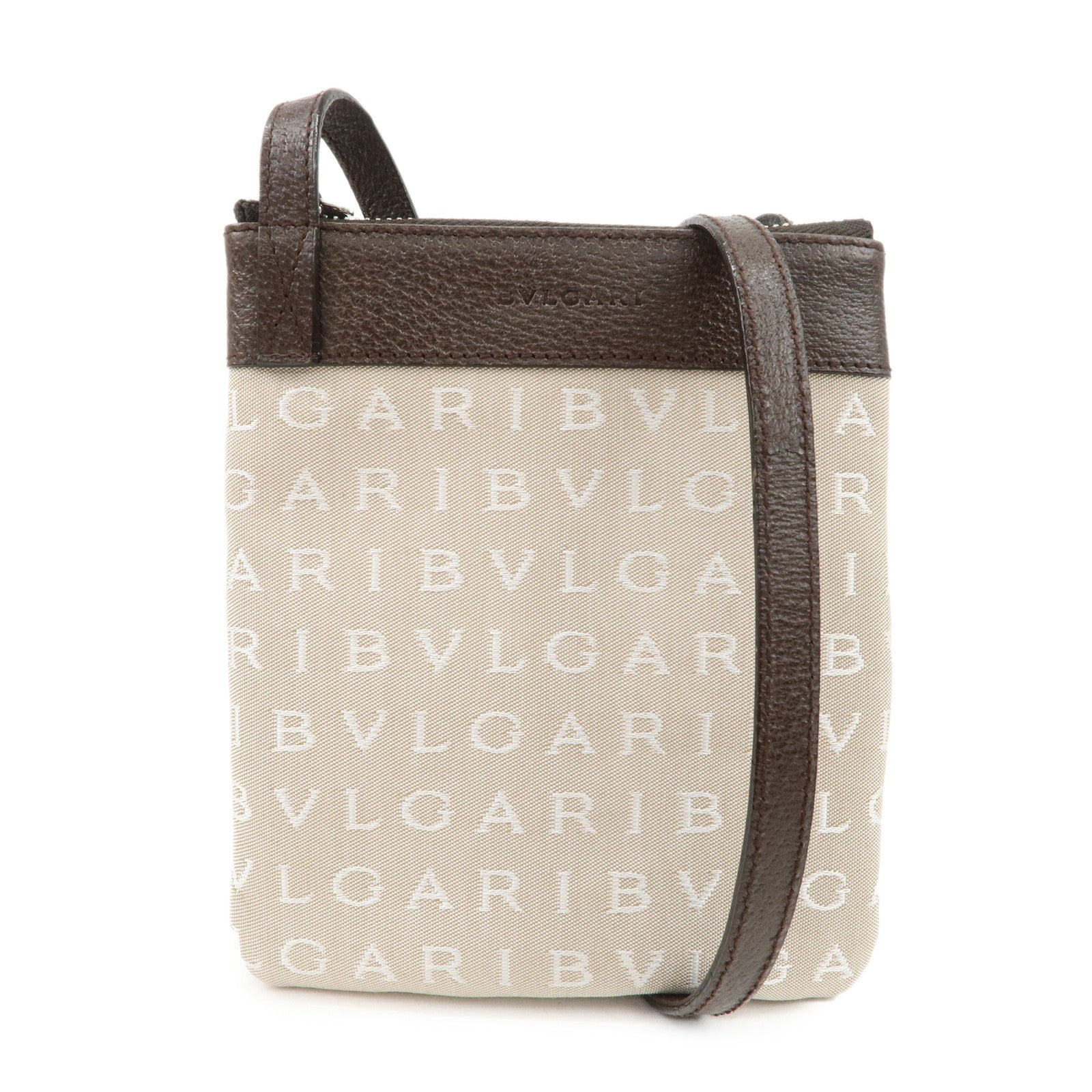 BVLGARI Logo Mania Canvas Leather Shoulder Bag Beige Dark Brown