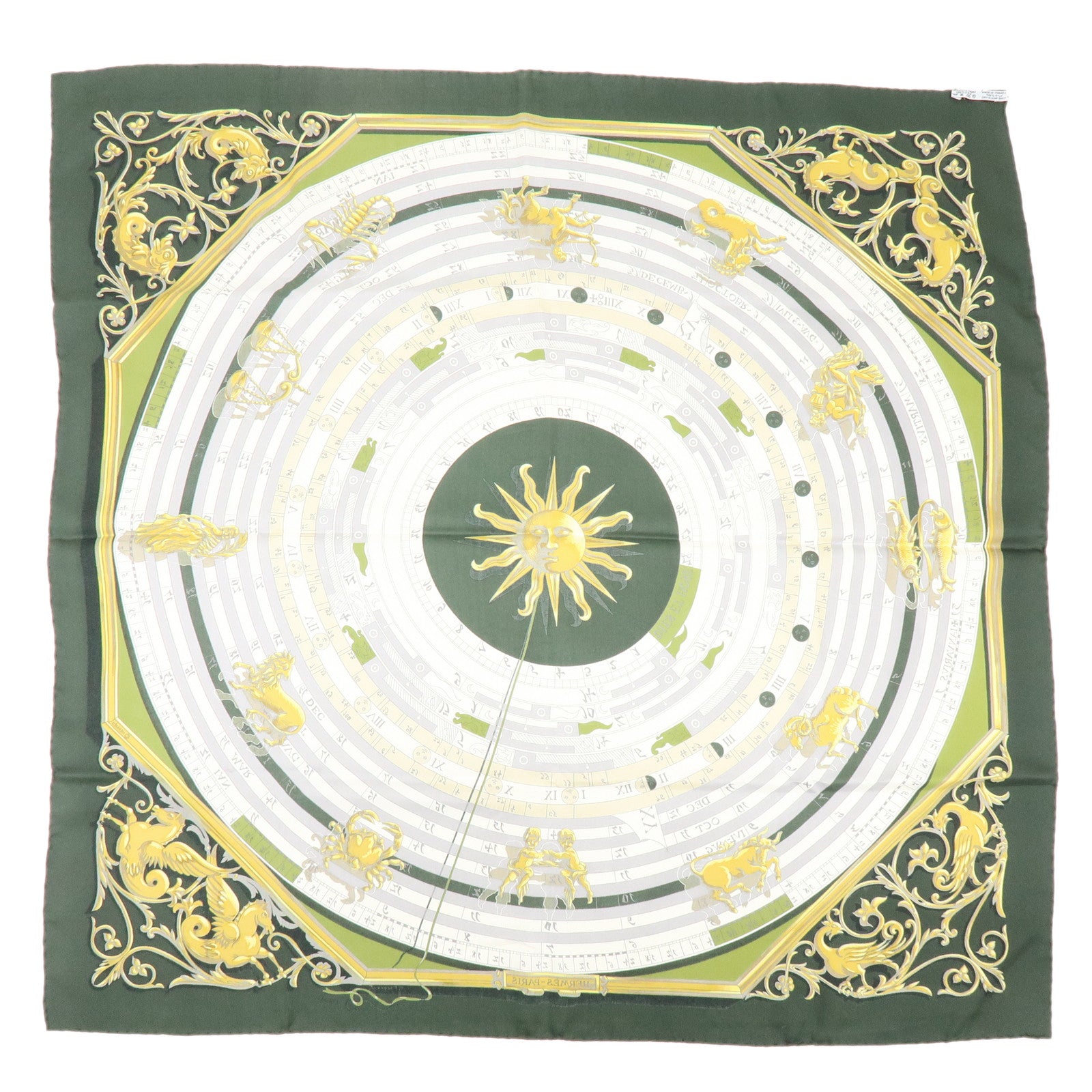 HERMES Carre 90 Silk 100% Scarf DIES ET HORE Green White Gold