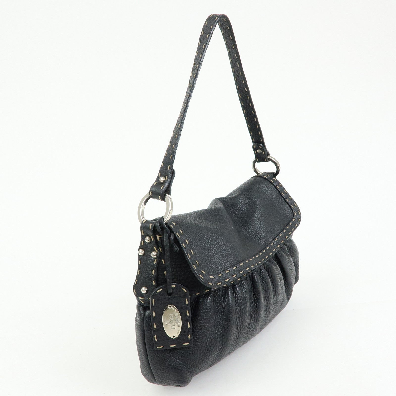 FENDI Selleria Leather Shoulder Bag Hand Bag Black 8BR356