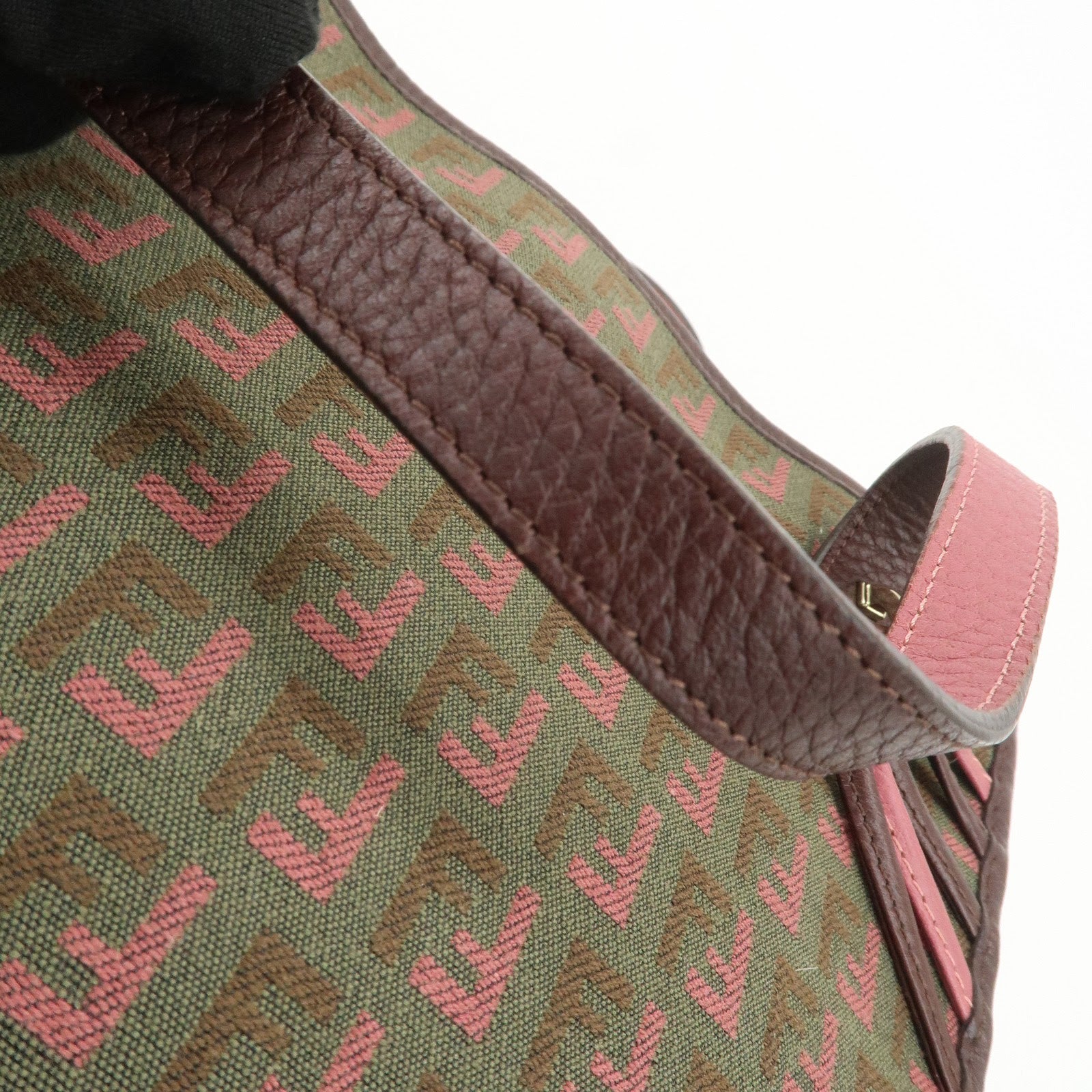 FENDI Zucchino Leather Canvas Hand Bag Khaki Bordeaux