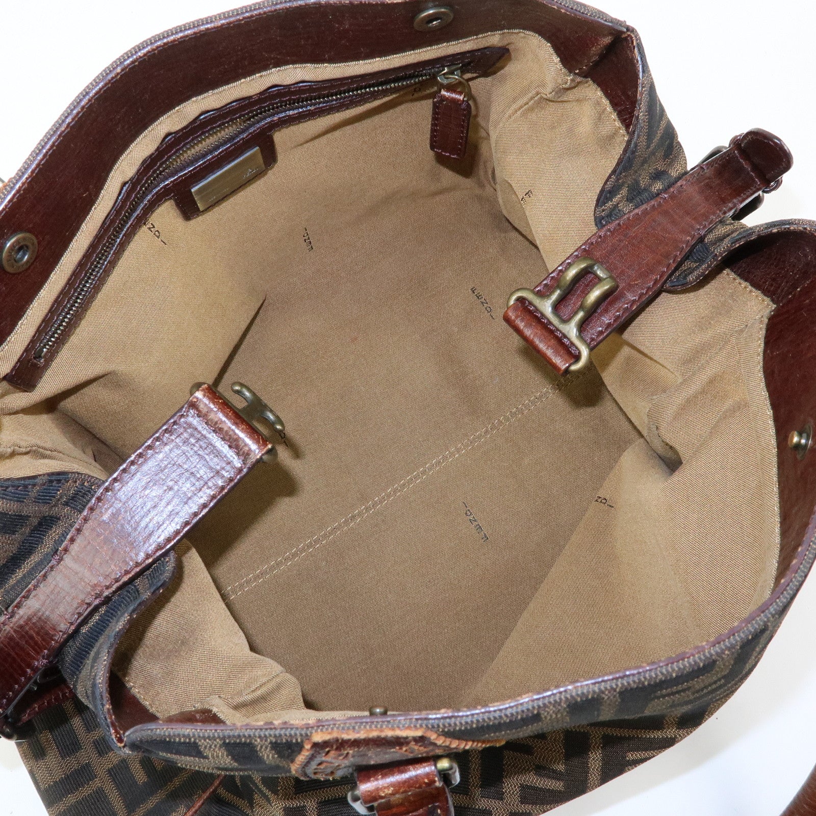 FENDI Ethnico Zucca Canvas Leather Tote Shoulder Bag Brown 8BN162