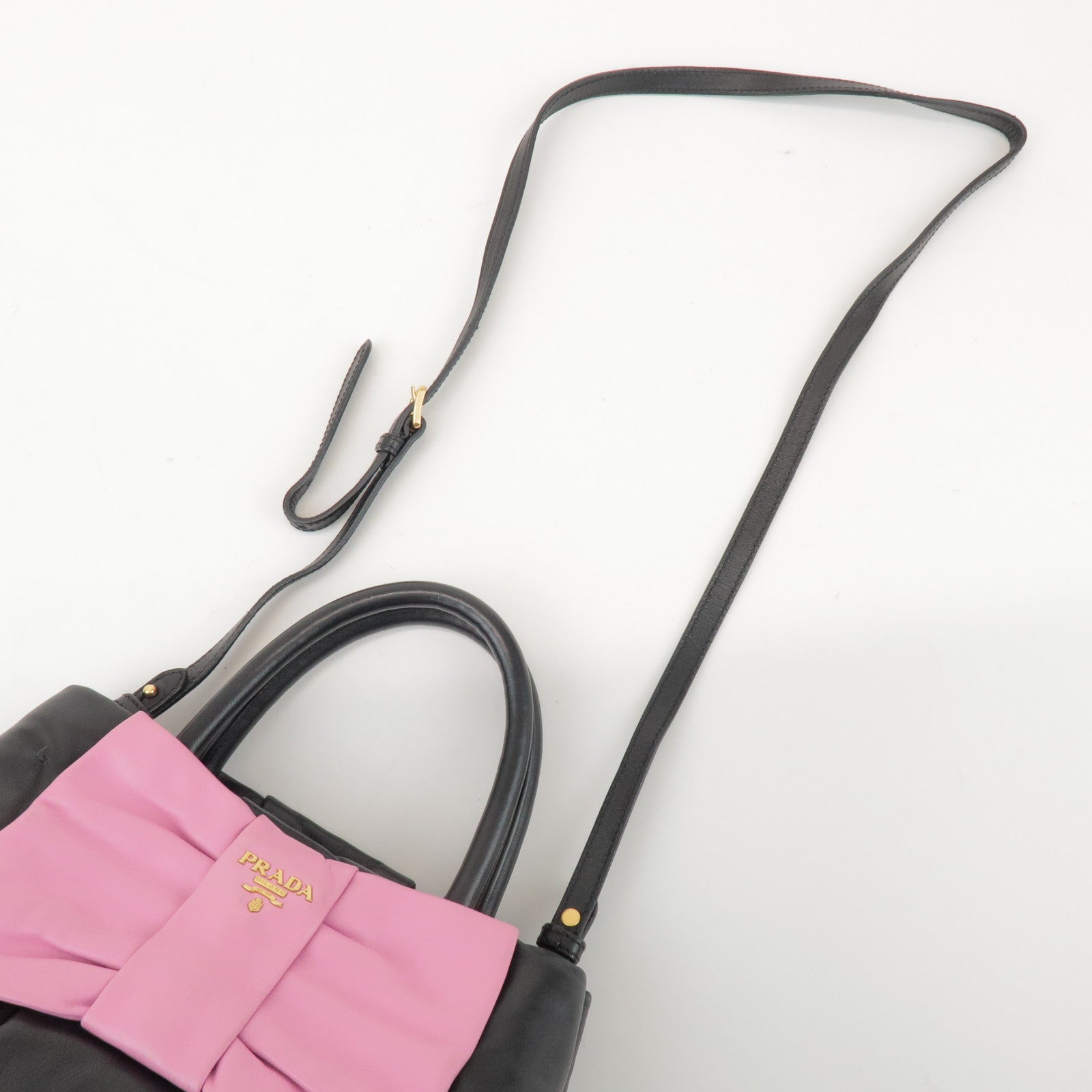 PRADA Logo Leather 2Way Hand Shoulder Bag Ribbon Black Pink BN1604