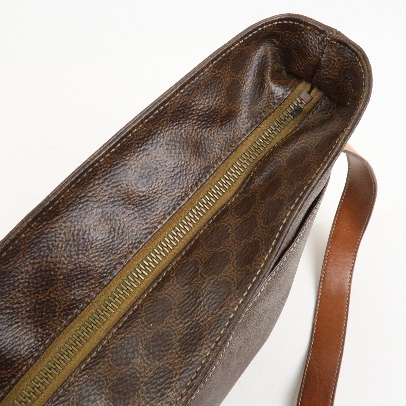 CELINE Macadam PVC Canvas Leather Shoulder Bag Brown Gold Hardware