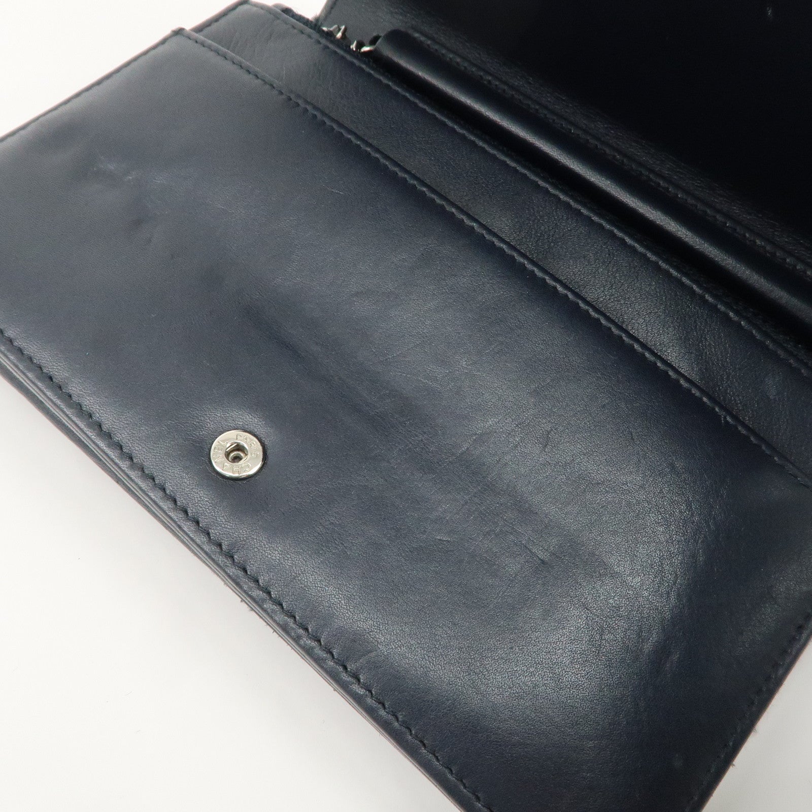 CHANEL Deauville Denim Chain Wallet Navy Brown Silver HDW A80795 Used