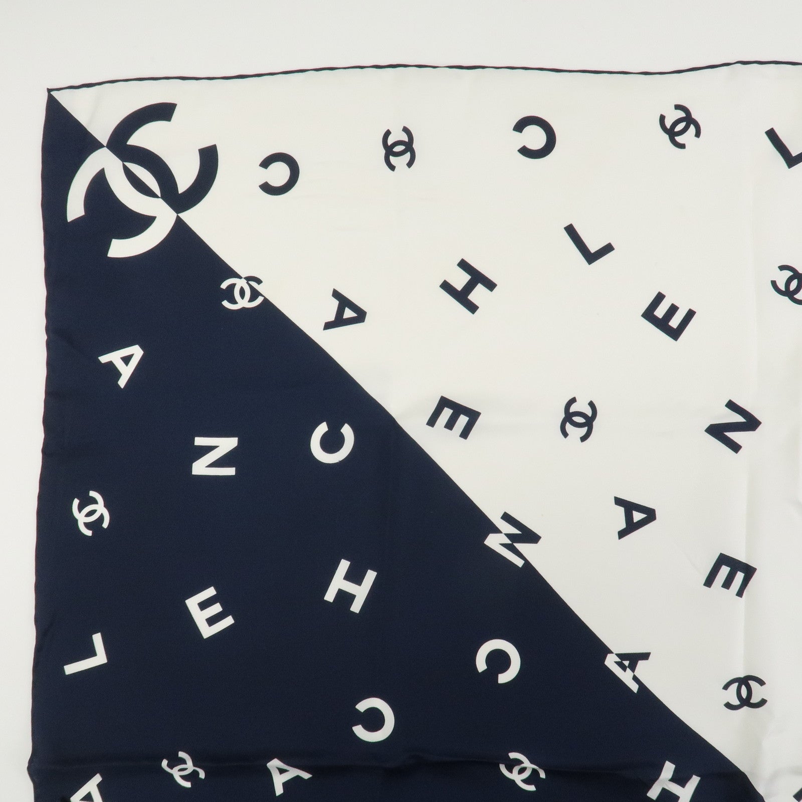 CHANEL COCO Mark Silk 100% Scarf White Navy