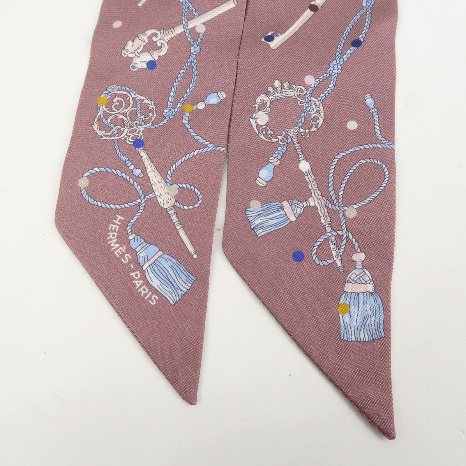 HERMES Silk 100% Twilly Scarf LES CLES A POIS Purple Multicolor