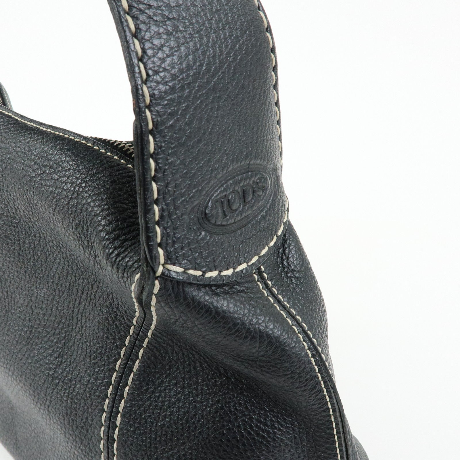 TOD'S Logo Stitches Leather Shoulder Bag Hand Bag Black