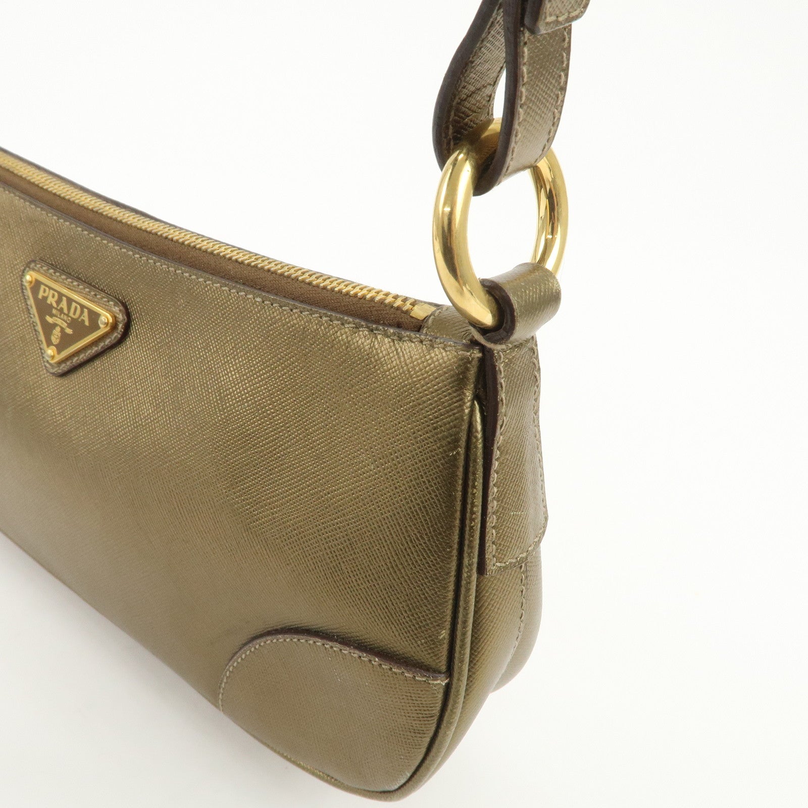 PRADA Triangle Logo Saffiano Leather Shoulder Bag Hand Bag Gold